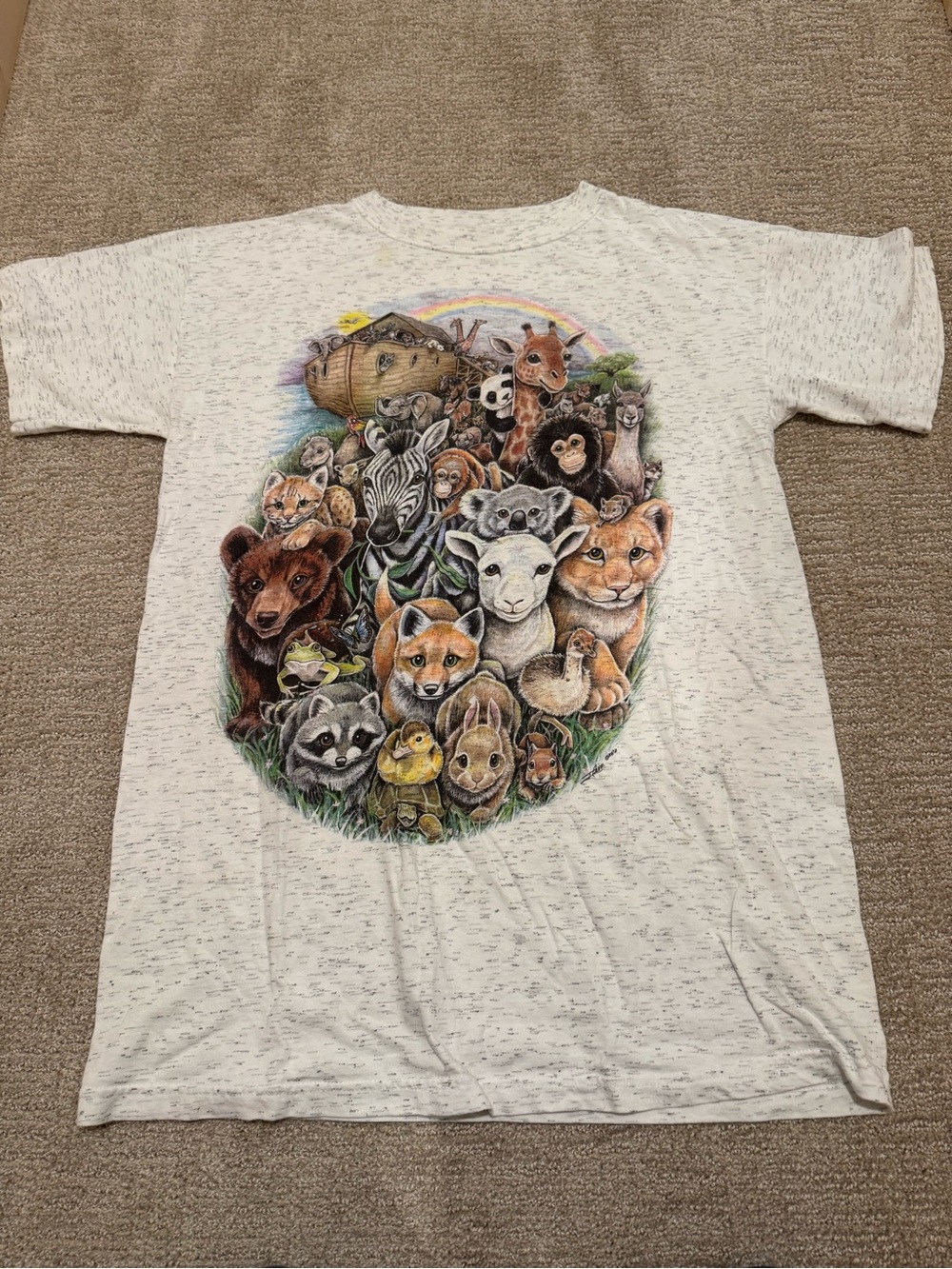 Vintage Noah Ark Religious Christian Shirt Jesus One Size Graphic 90s Grey Tall